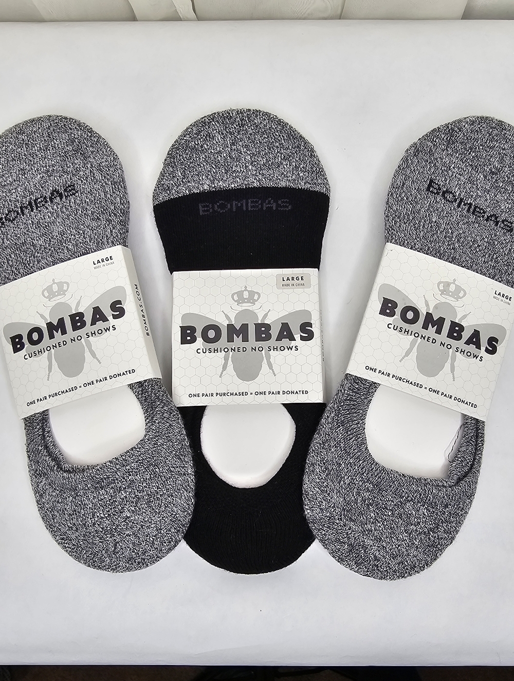 Bombas Men’s Cushioned No-Show Socks – Black & Gray 3-Pack Large New